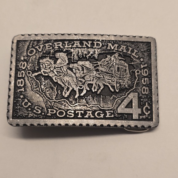 The Unbranded Brand Accessories - Vintage Dory Solid Pewter Overland Mail‎ 1858-1958 US Postage Stamp Belt Buckle